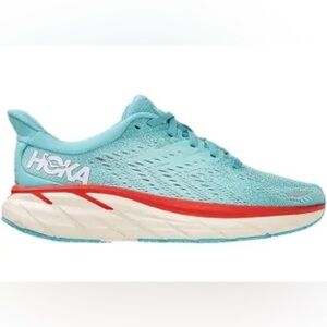 Well-used W Hoka Clifton 8 shoes w/ Lining Damage. Aquelle/Eggshell-Size 7.5